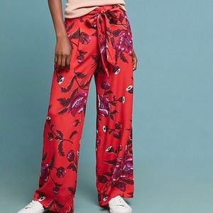 Anthropologie Pants Margo Wide Leg Red Floral Flowy Trousers sz 2
